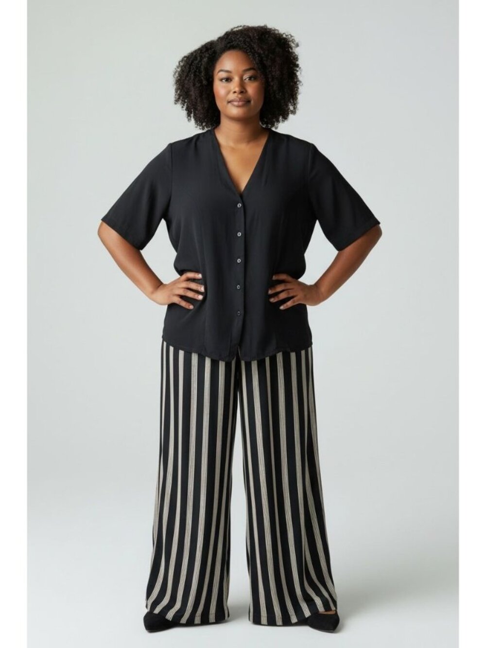 Worthington Womens Two-Piece Outfit Black Button-Up Top & Striped Wide-Leg Pants